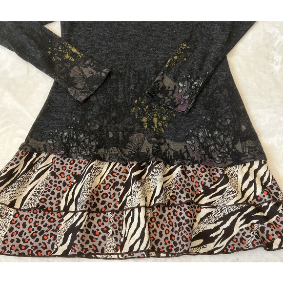 Rosa Rose Women's Dress Large Gray Print Long Sleeve Tiered Leopard Print - Picture 6 of 9